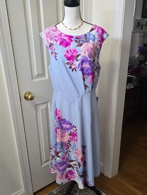 LONDON TIMES BRAND WOMEN'S BLUE AND PINK PLUS FLORAL SLEEVELESS DRESS SIZE 14